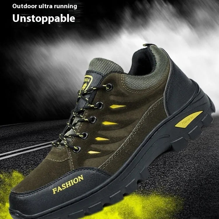 Men's brown suede hiking shoes with round toe and lace-up front