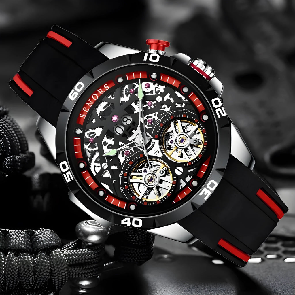 Men's automatic mechanical watch with luminous skeleton dial in blue colour showing visible movement