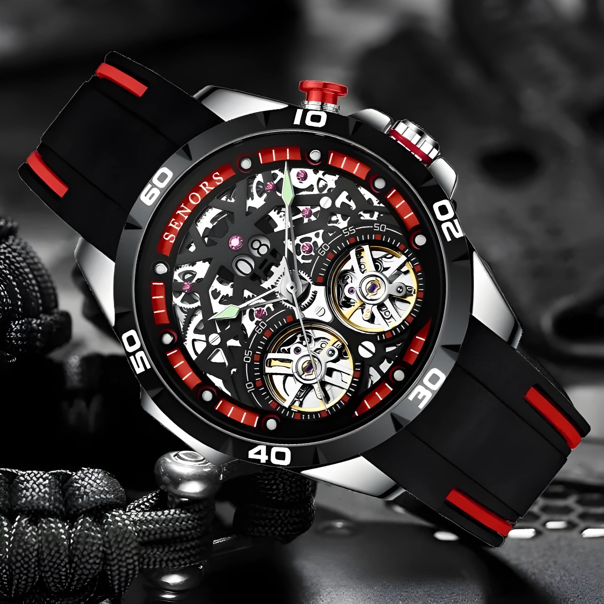Men's automatic mechanical watch with luminous skeleton dial in blue colour showing visible movement