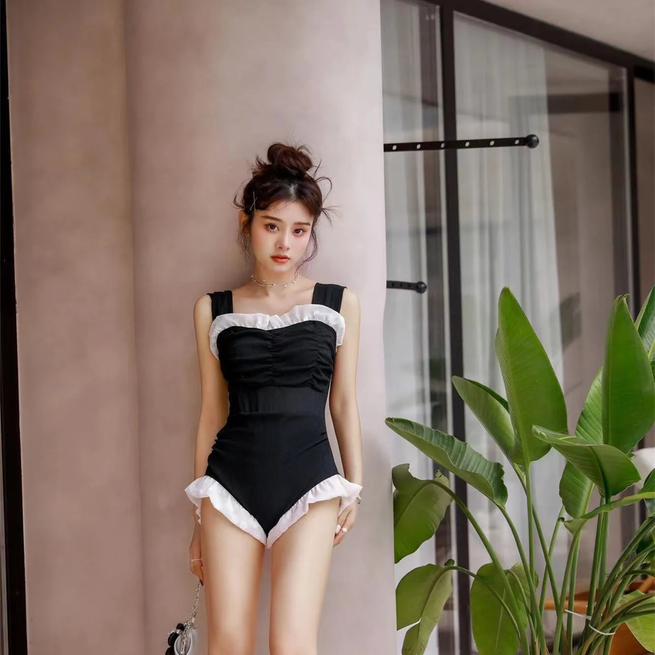 Black high waist one-piece swimsuit with quick-dry polyester fabric