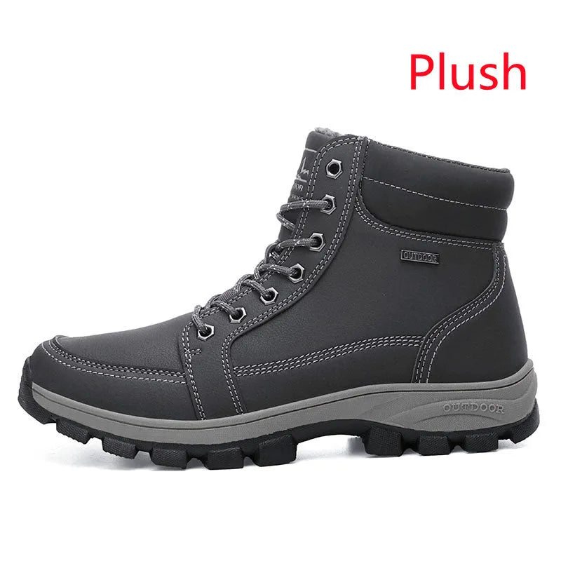 Men's black plush high top cotton shoes with imitation leather PU upper and rubber sole side view