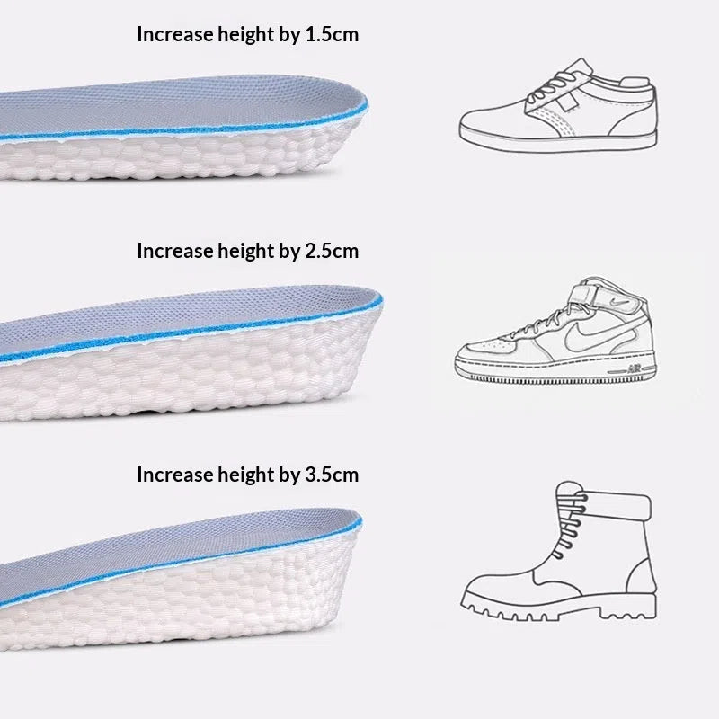 Pair of men's EVA height increasing insoles with full cushion surface and hard base in multiple lift heights