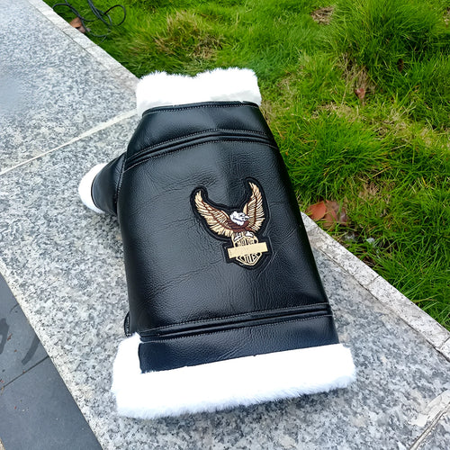 Black leather dog jacket shown on a medium-sized dog for autumn and winter wear.
