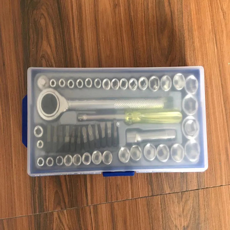 50-piece socket set with metric and imperial sockets, plain carbon steel, mirror finish, includes handle and bits