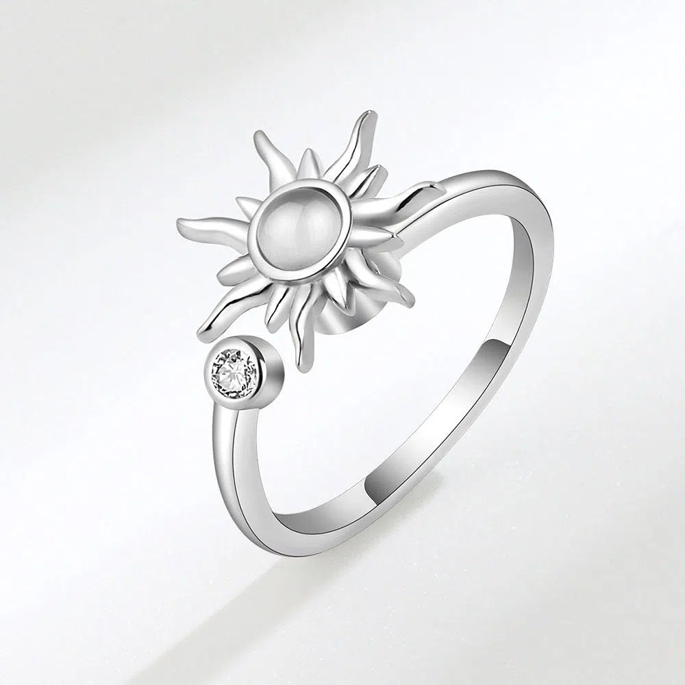 Rotating sunflower relief ring with adjustable copper band and zircon inlay