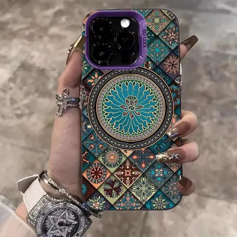 Ethnic style patterned iPhone case in silver, hard PC matte anti-slip cover