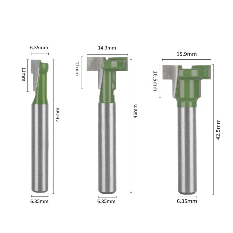 6-piece green double blade T-slot milling cutter set with hard alloy blades and handles for carpentry