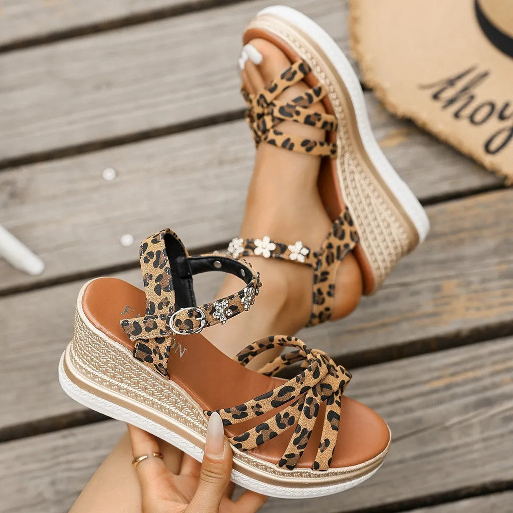 Light brown suede women's platform sandals with ankle buckle and open toe design