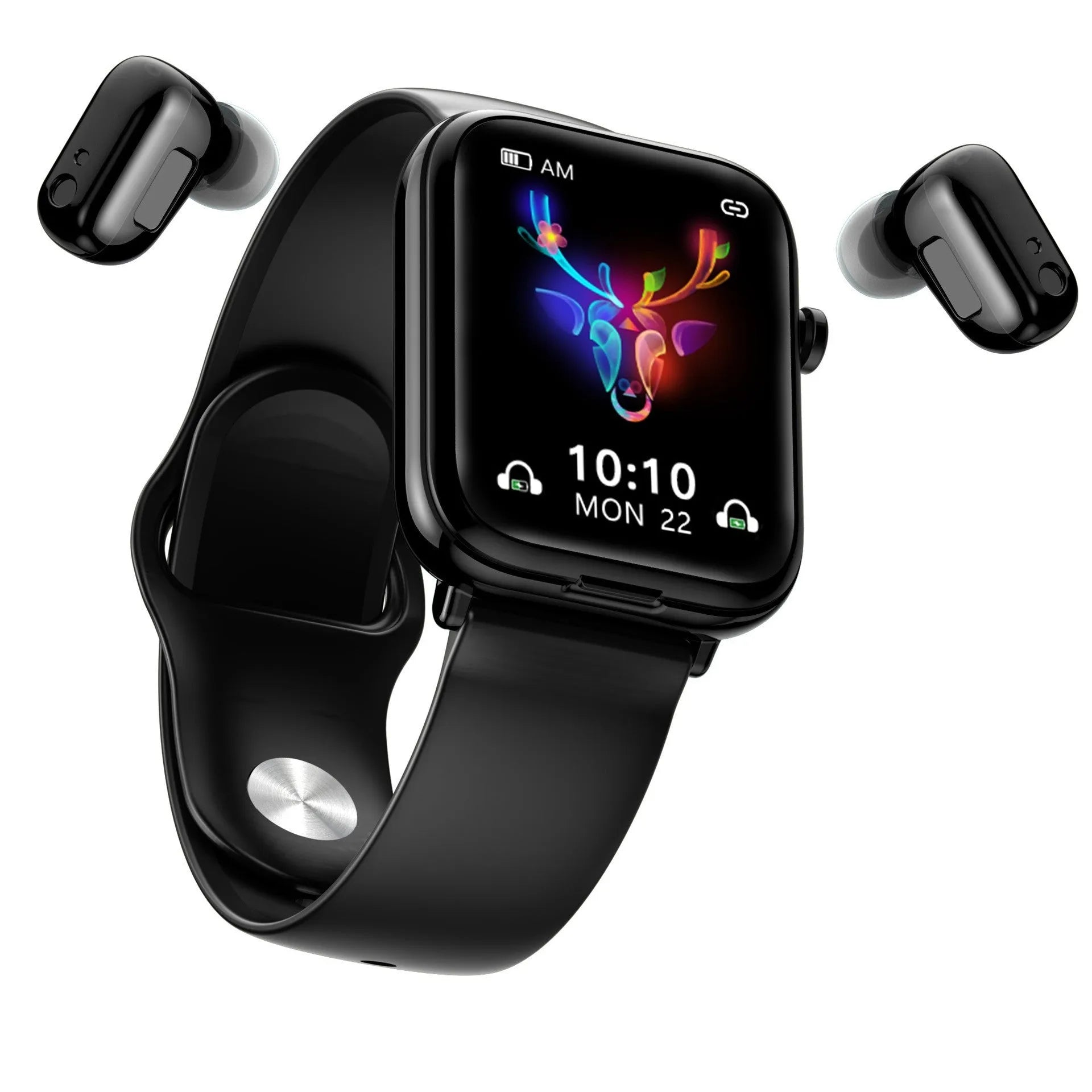 Black smartwatch with Bluetooth headset on wrist showing 1.69-inch touchscreen display.