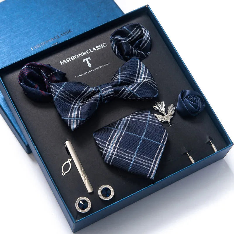 Men's 8-piece rayon jacquard bow tie set, heart shape arrow style, monochrome pattern, 146cm length