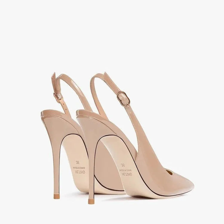 Women's nude soft PU leather ankle-strap high heels with hollow design detail