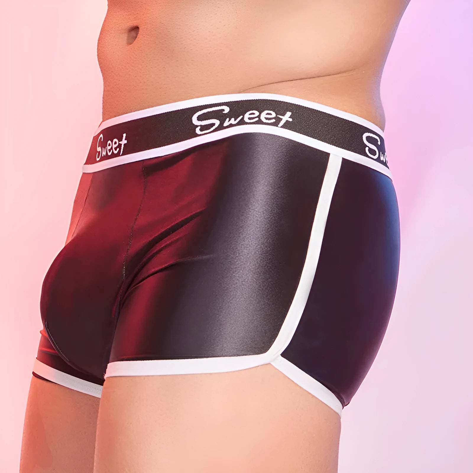 Men's shiny silky boxer shorts in black, white, and sapphire blue colours