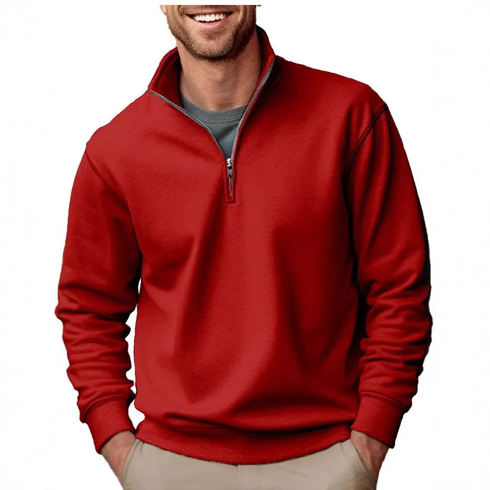 Men's purple casual zipper velvet stand collar solid colour long sleeve pullover sweater with front patch pocket