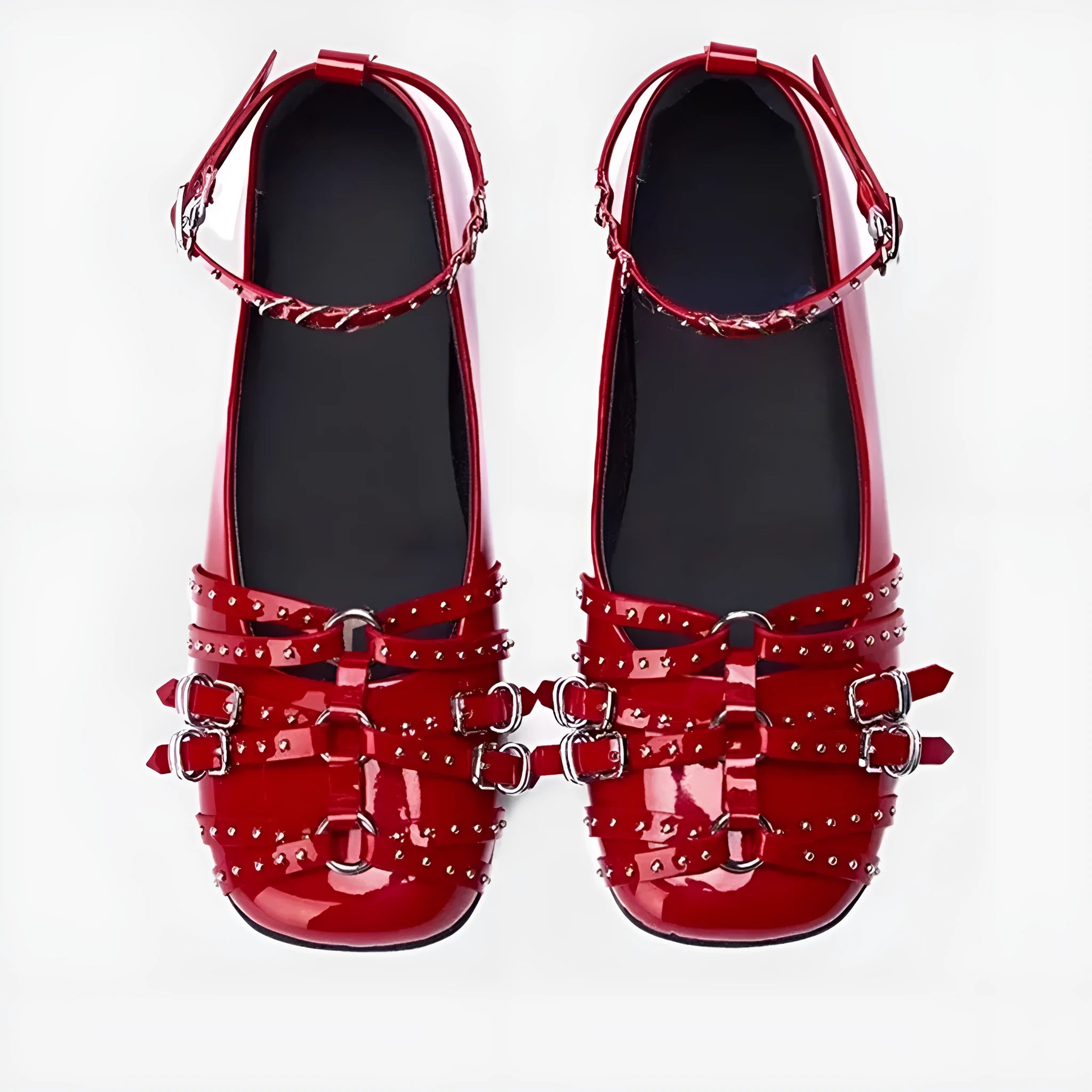 Women's black patent leather flat shoes with buckle closure and square toe