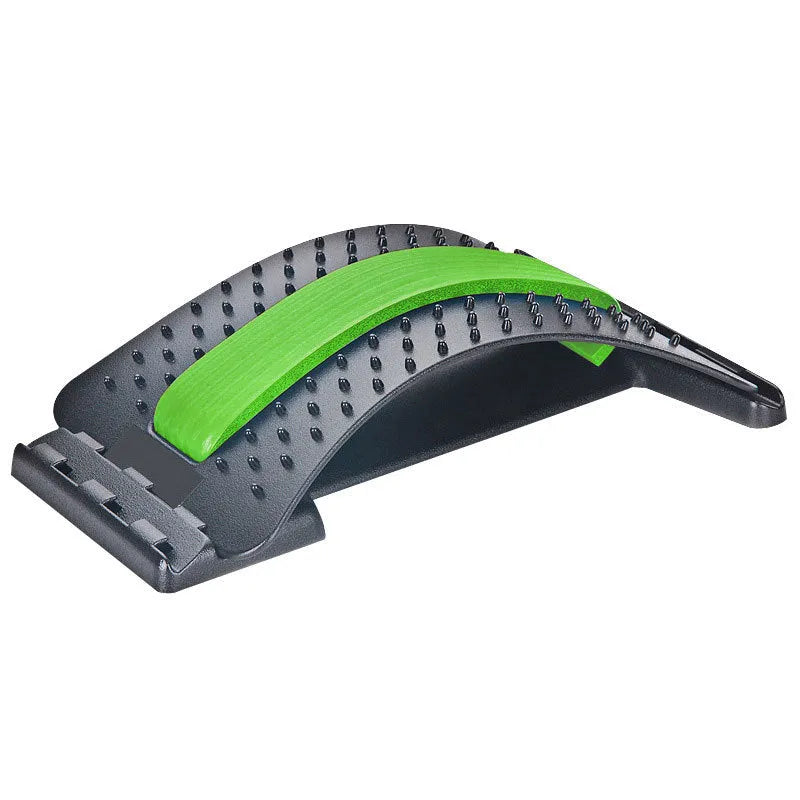 A black back massager and stretcher device with plastic pins and magnetic points on an adjustable frame.