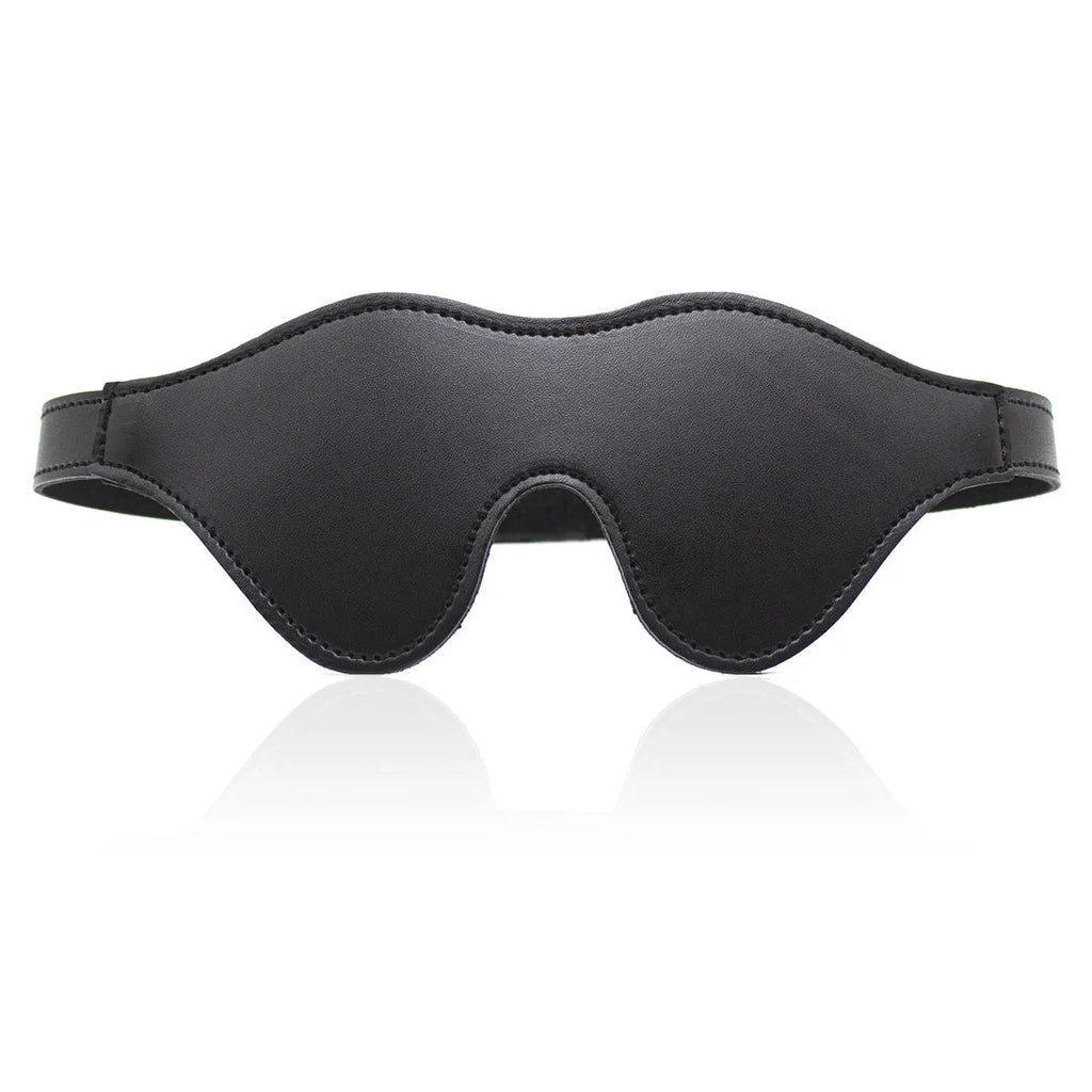 Women's black PU leather three-dimensional eye mask with Velcro strap and metal buckle closure.
