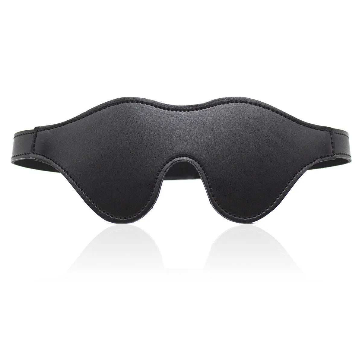 Women's black PU leather three-dimensional eye mask with Velcro strap and metal buckle closure.