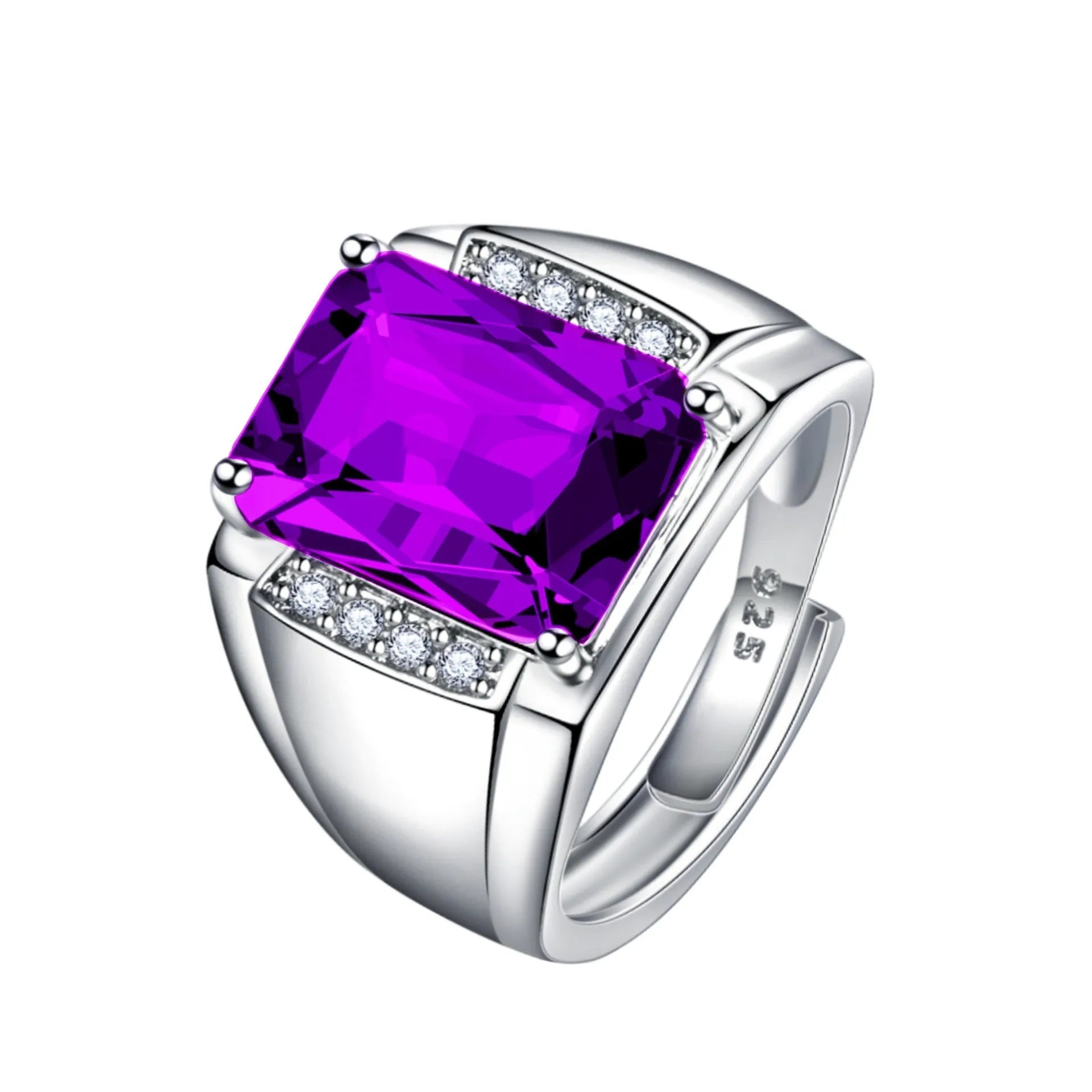 Adjustable copper ring with Brazil natural amethyst gemstone in geometric setting, showing six colour variations