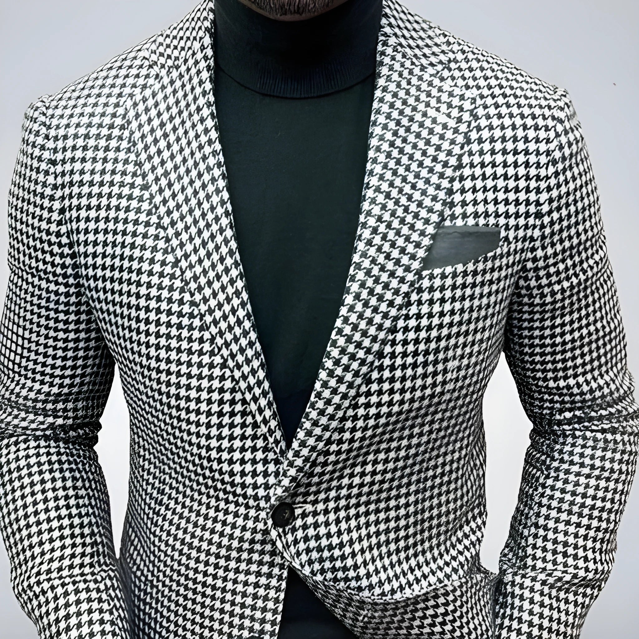 Men's black slim fit two-button suit jacket with large top-stitch pockets