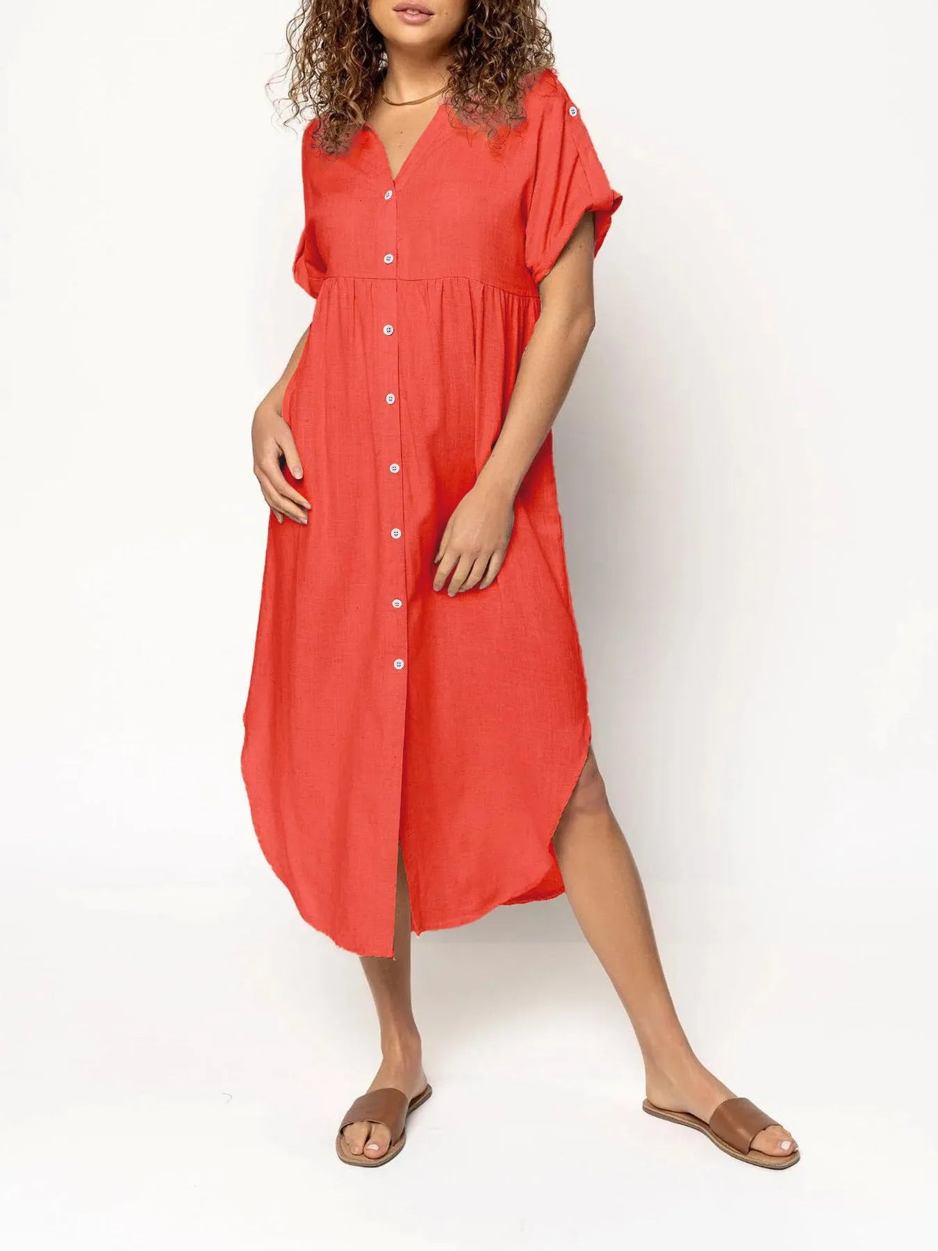 Mid-length casual dress with button front in solid colour, Japanese Korean style with regular sleeves