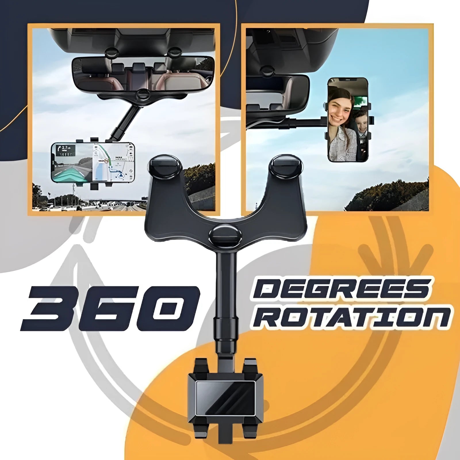 Black rearview mirror car phone holder with rotating head and four gripping claws extended.