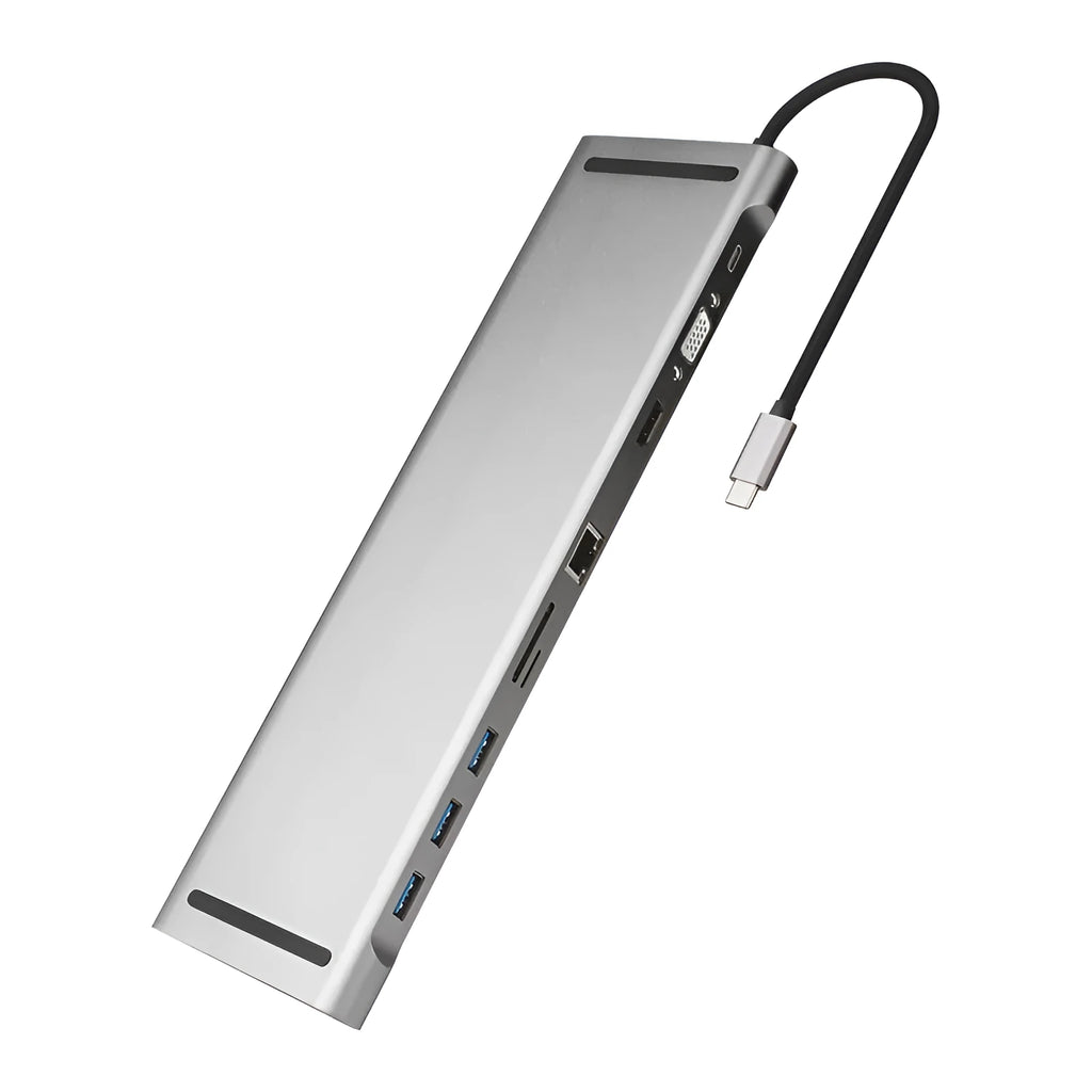 Aluminium USB-C docking station with cooling bracket showing ten ports including HDMI and VGA connections