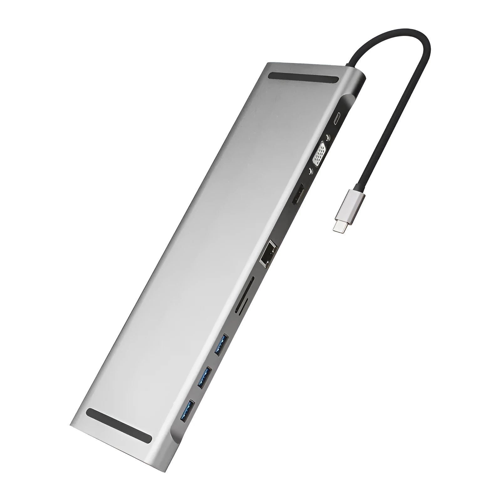 Aluminium USB-C docking station with cooling bracket showing ten ports including HDMI and VGA connections