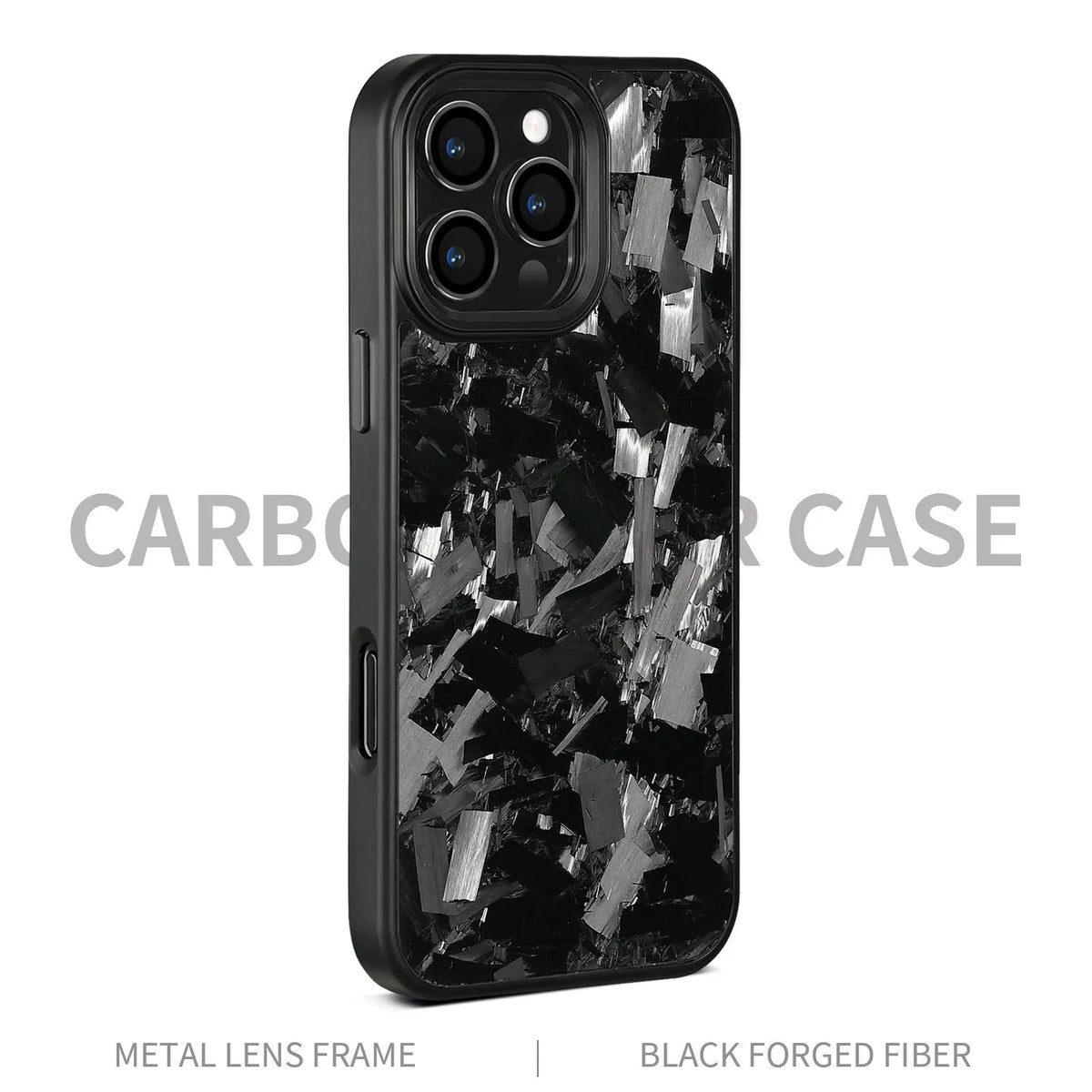 Carbon fibre forged pattern phone case in black on iPhone, showing full-coverage design and material texture