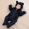 Fleece-lined flannel baby jumpsuit in bronzing bear design, suitable for 50-80cm height