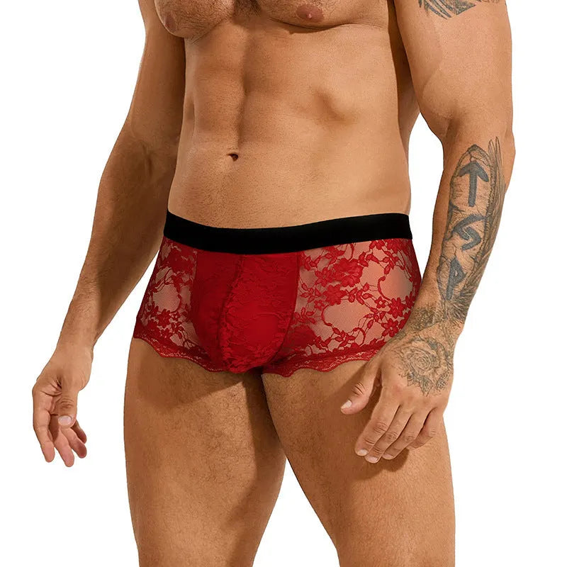 Men's black lace briefs with hollow out see-through design showing sheer nylon fabric