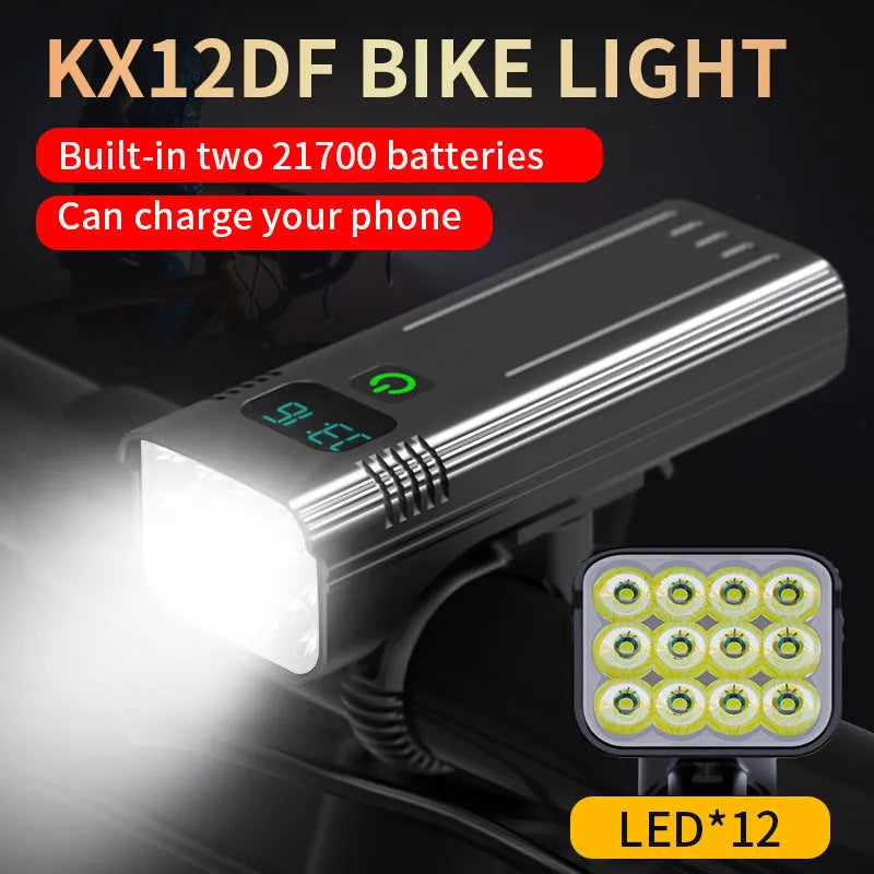 KX12DF black bicycle headlight with digital display mounted on 360-degree rotating bracket
