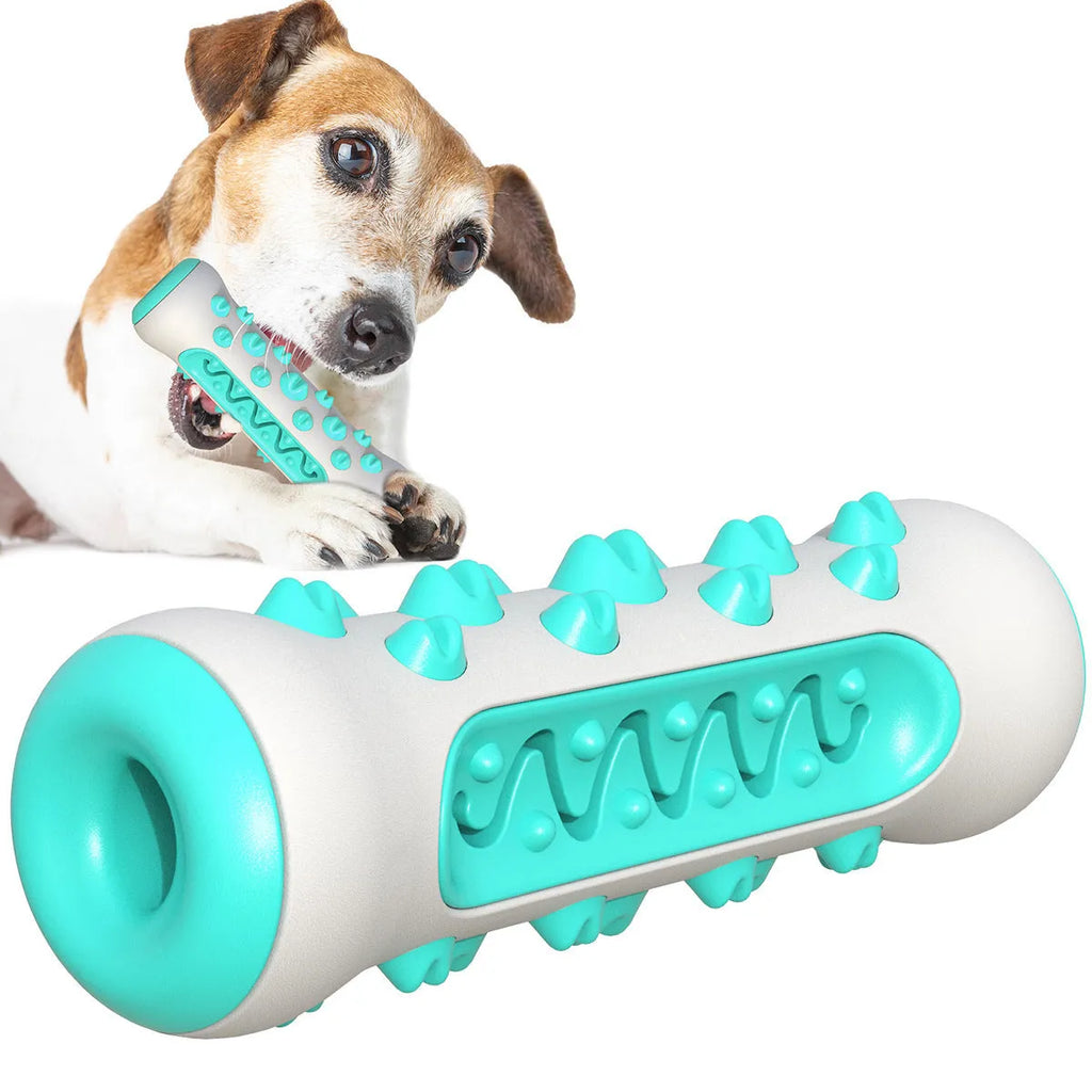 Natural rubber dog toothbrush chew toy in blue, showing textured surface for dental cleaning.