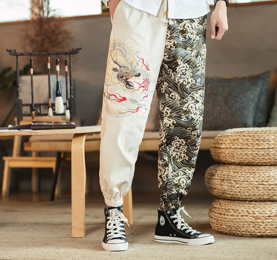 Embroidered silver dragon casual trousers in khaki, cotton fabric, mid waist, men's sizes M to 5XL