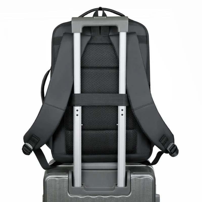 Black waterproof Oxford cloth backpack with curved shoulder straps and business organisation
