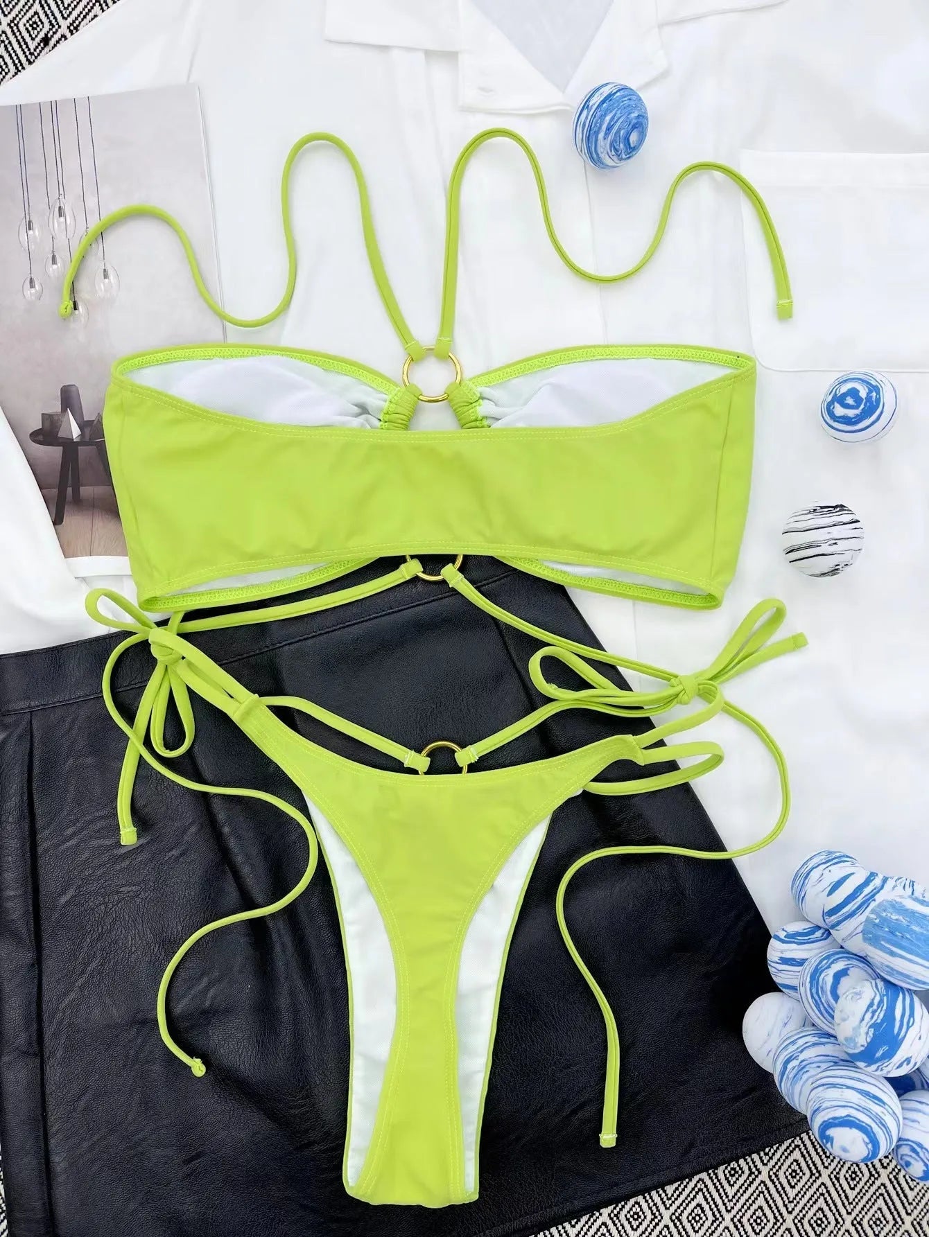 Women's yellow green triangle bikini swimsuit with front lace-up detail