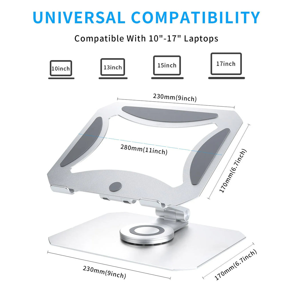 Silver aluminium alloy 360 degree rotating desktop laptop stand folded for storage