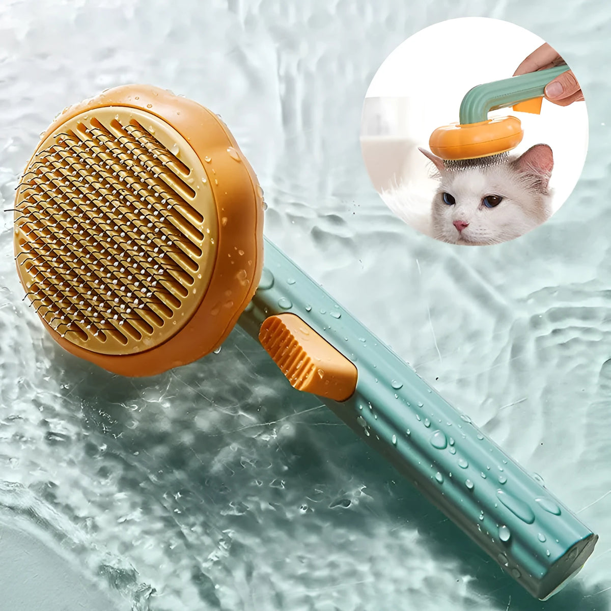 Self-cleaning pet cat brush with 232 steel needles in white or pumpkin colour, hand-held grooming tool