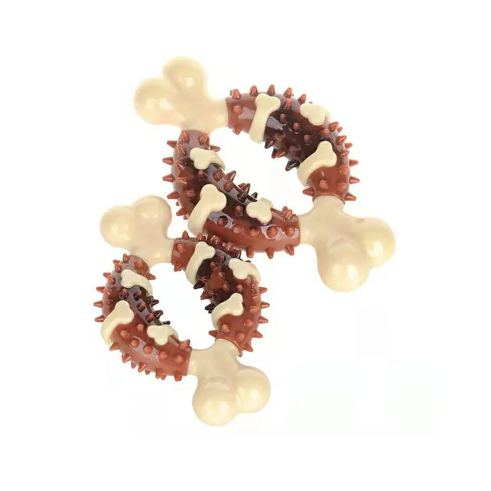 Bone-shaped natural rubber dog chewing toy shown in two different sizes on a plain background