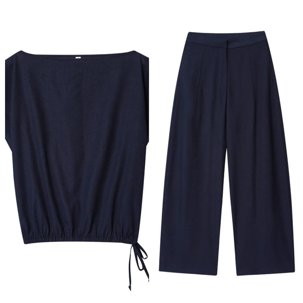 Women's off-neck flounced sleeve shirt top and wide leg trousers in blended polyester, available in multiple colours and sizes XS to L