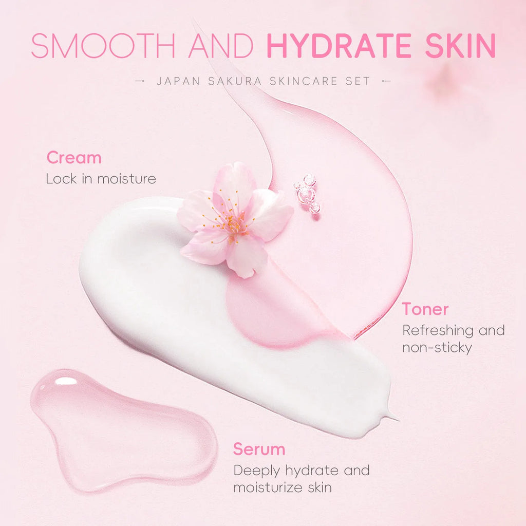 Cherry Blossom six-piece skincare set showing cleanser, toner, cream, essence, eye cream and essence cream