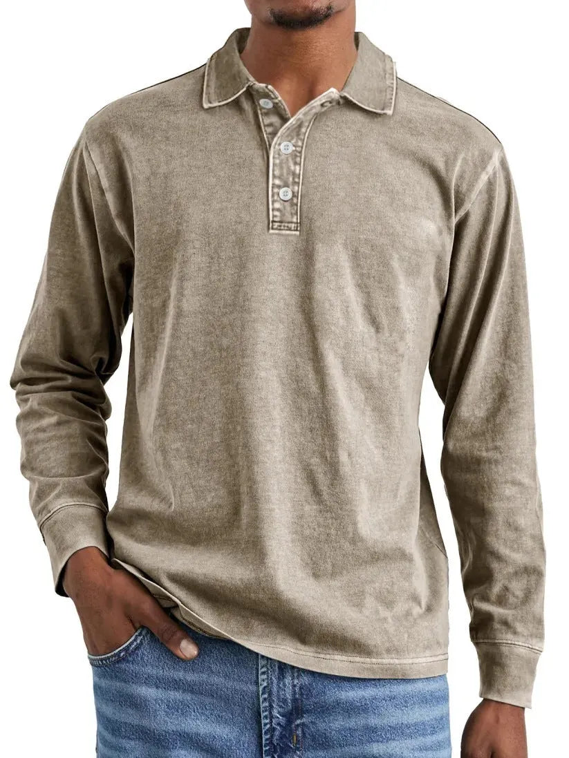 Men's long-sleeve distressed cotton polo shirt with a lapel collar in army green.