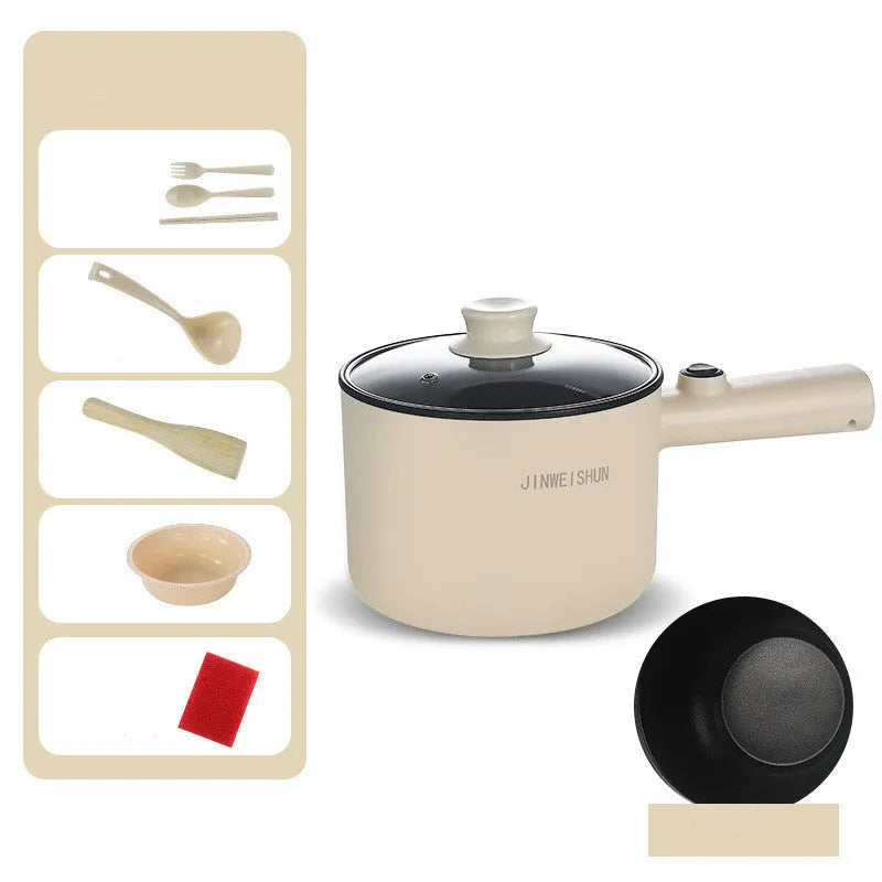White, green, and khaki mini electric hot pot with non-stick interior and control panel.