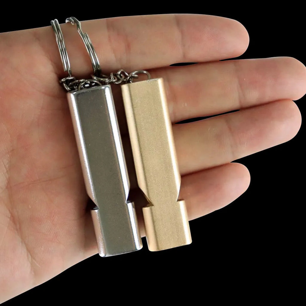 Aluminium alloy double-hole outdoor survival whistle in silver or gold colour