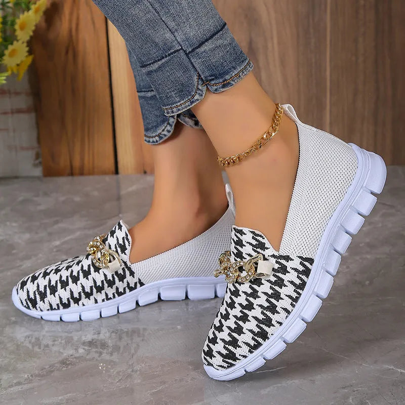 Women's casual houndstooth print chain mesh flat shoes with rubber sole and platform heel
