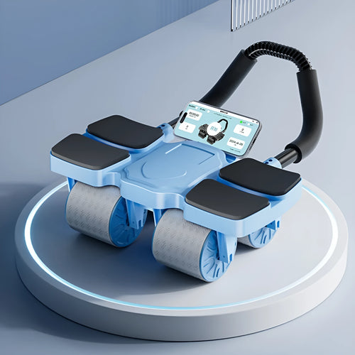 Abdominal exercise wheel with four wheels and automatic rebound mechanism, shown next to a smartphone displaying its fitness app.