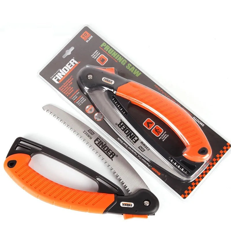 Folding garden trunk saw with 230mm steel blade and TPR grip handle in folded position