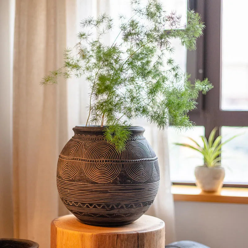 African ancient style cement flower pot with punched drainage holes, medium size ethnic planter