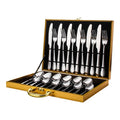 24-piece stainless steel tableware set with knives, forks, spoons in gold finish