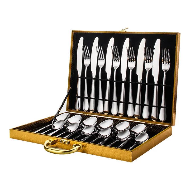 24-piece stainless steel cutlery set for six place settings showing knife, fork, and spoon options in different colour finishes.
