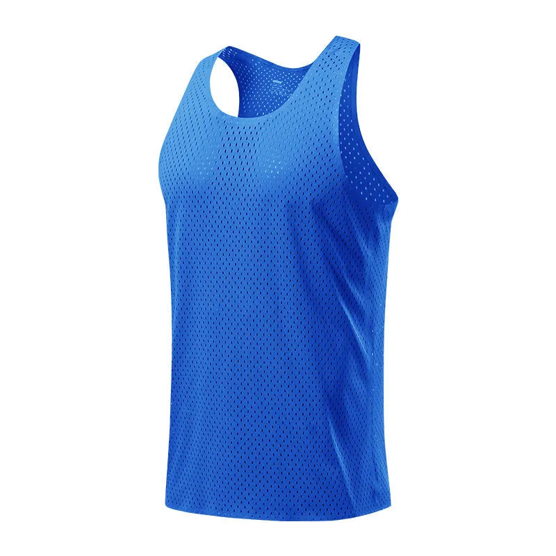 Men's solid colour sleeveless sports vest in polyester fabric on a plain background
